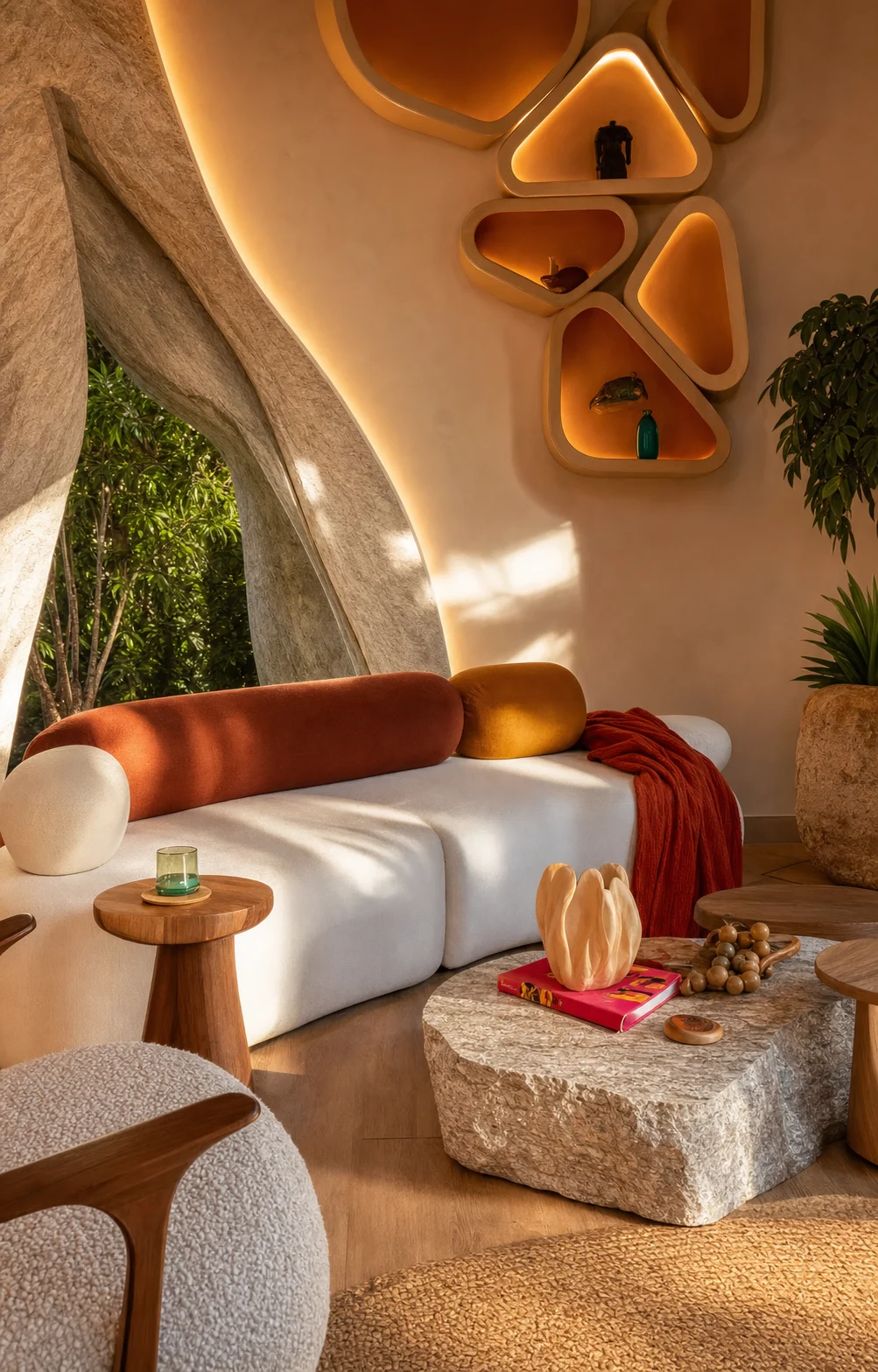 Sala de estar com sofá claro, luz quente, plantas e nichos orgânicos na parede.